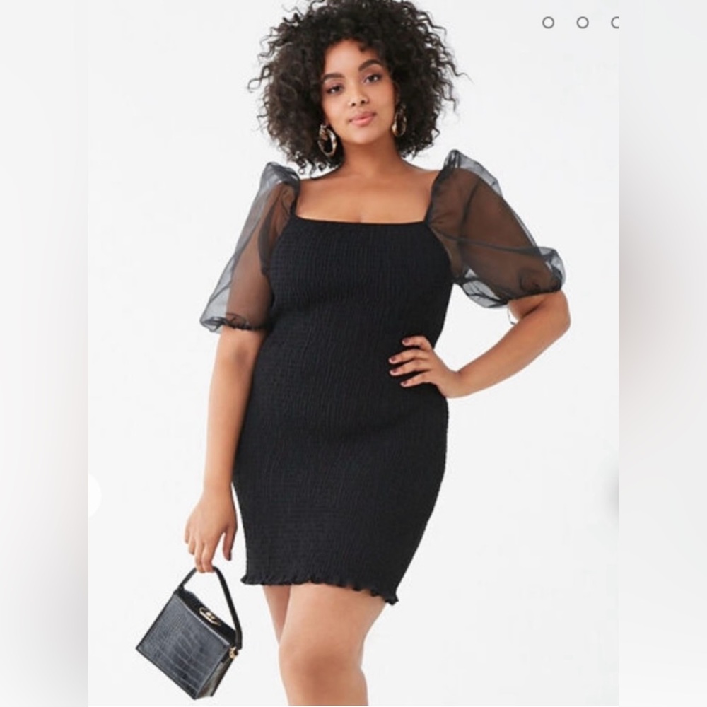 Forever 21 Black Puff-Sleeve Smocked Mini Dress